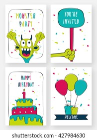 Conjunto de creativas plantillas de tarjetas de los partidos dibujadas a mano, patrones de doodle de cuatro partidos, elegante fondo de partido diferente con texto colorido, pastel dulce, monstruo espeluznante y globos.