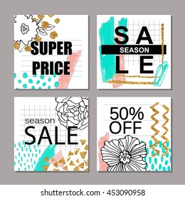 Set of creative hand drawn Sale, discount headers, banners, cards, vouchers. Design for seasonal clearance.