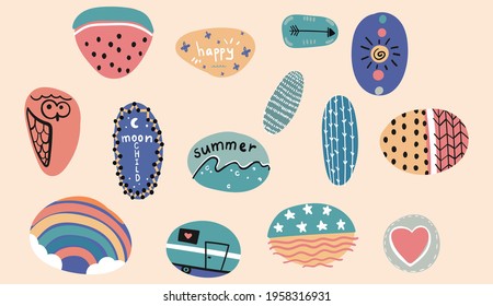 Set of creative hand drawn summer illustrations for cover, sticker design. Collage of 14 designs on stones with trendy hipster doodles and lettering. Isolated drawings in vintage colorful style.
