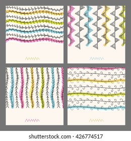 Set of creative hand drawn textures, Beautiful artistic background with wavy lines, creative leaves and floral elements. Collection of four different abstract patterns.