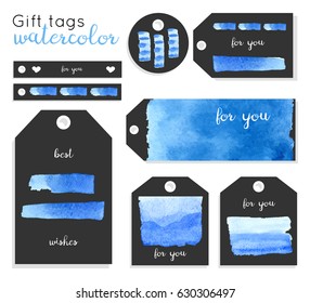 Set of creative hand painted gift tags or greeting cards, labels, stickers with handmade watercolor backgrounds and elements. For you, To / from, best wishes. Vector, different shapes, isolated