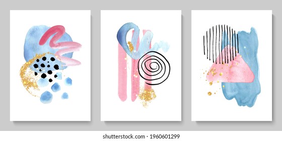 Set of creative hand painted illustrations for wall decoration, postcard or brochure cover design. Vector EPS10.