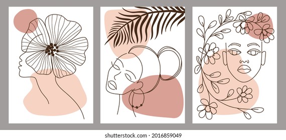 Set of creative hand painted linear abstract female portraits. Minimalist vector icon of people with color spots. For postcard, poster, poster, brochure, cover design, web.