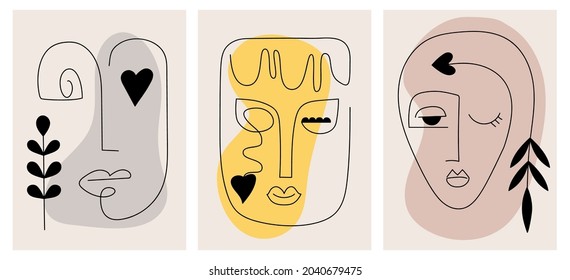 Set of creative hand painted linear abstract female portraits. Minimalist vector icon of people. Face line art. For postcard, poster, poster, brochure, cover design, web.