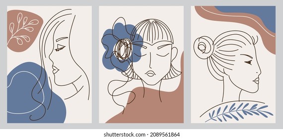 Set of creative hand painted linear abstract female portraits. Minimalist vector icon of people. Face line art. For postcard, poster, brochure, cover design, history, social networks, web.