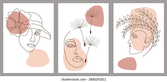 Conjunto de retratos femeninos creativos pintados a mano con una línea abstracta. Icono vector minimalista de personas con manchas de color. Para postales, afiches, afiches, folletos, diseño de portadas, web.