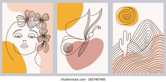 Set of creative hand painted one line abstract shapes. Minimalist vector icons: woman portrait, butterfly, mountains. For postcard, poster, poster, brochure, cover design, web.