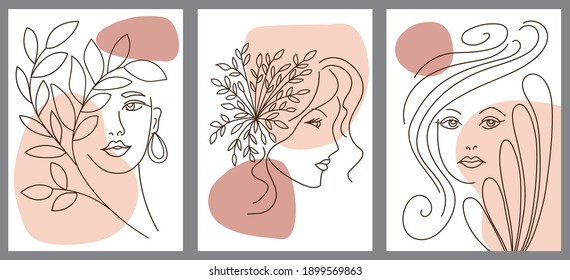 Set of creative hand painted one line abstract female portraits. Minimalist vector people icon. For postcard, poster, brochure, cover design, web, social media story design.