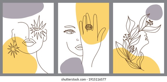Set of creative hand painted one line abstract female portraits. Minimalist vector people icon. For postcard, poster, brochure, cover design, web, social media story design.