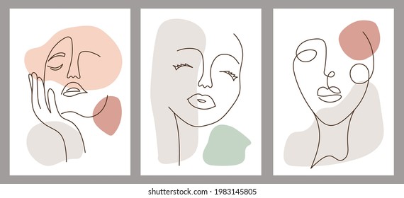 Set of creative hand painted one line abstract female portraits. Minimalist vector icon of people. For postcard, poster, brochure, cover design, web, social media story design.