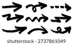 set of creative hand-drawn arrows in black ink brush style. Featuring various shapes including curved, wavy, dashed, and zigzag directions. Isolated on white background, perfect for infographic elements, business presentations, and creative design projects.