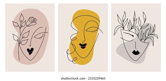 A set of creative hand-painted linear abstract female portraits. Minimalist vector icon of people. Face line art. For postcards, posters, posters, brochures, cover design, web.