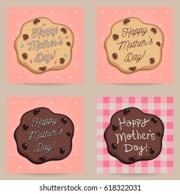 Set of creative Happy Mother's Day greeting card/poster design templates. Celebration message written on chocolate chips cookie. Vector illustration isolated on heart pattern and gingham backgrounds. 