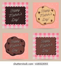 Set of creative Happy Mother's Day greeting card/poster design templates. Celebration message written on biscuit and chocolate chips cookie. Isolated on heart pattern and gingham backgrounds.