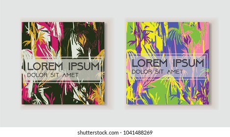 Set of creative header in tropical style. Modern template for web, card, placard, poster, cover, flyer, invitation, brochure. Hand drawn textures. Use for anniversary, birthday, wedding, party, banner