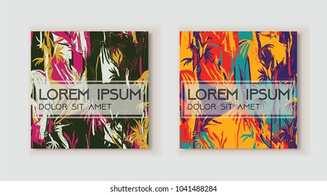 Set of creative header in tropical style. Modern template for web, card, placard, poster, cover, flyer, invitation, brochure. Hand drawn textures. Use for anniversary, birthday, wedding, party, banner