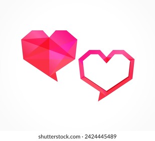 Conjunto de iconos creativos del corazón. Señales parlantes. Estilo de cristal de colores. Concepto de etiquetas de venta. Símbolo de discusión. Logo de corazón de papel. Idea creativa con bloques de color rosa. Icono de Messenger. Forma de cristal o diamante.