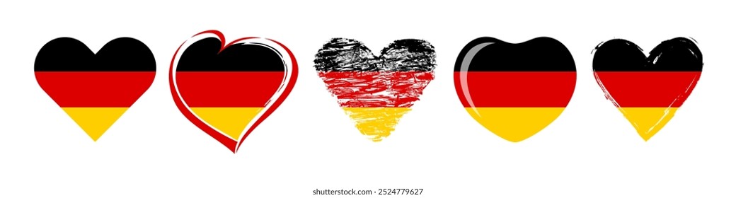 Conjunto de Formas de corazón creativo con bandera de Alemania. Estilo de arte clásico y dibujado a mano. Símbolo del turismo. Bienvenido al concepto de marca de la agencia de viajes de Alemania. Corazones con banderas. Iconos del deporte o del negocio.