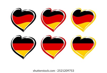 Set of creative hearts with black, red and yellow handdrawn style strokes and the flag of Germany. Clip art collection. Classic and waving German flag, heart shape with isolated clipping mask.