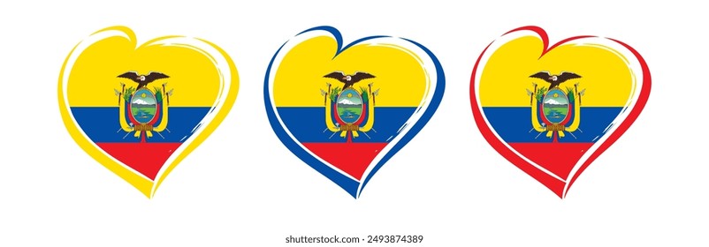 Set of creative hearts with the flag of Ecuador and clipping mask. Handdrawn style digital illustration. Isolated graphic design. Branding identity concept. Apparel llogo. Colorful elements.