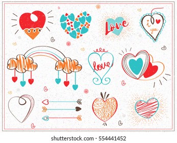 Set of creative Hearts with Love Typography and Arrows for Happy Valentine's Day Celebration.