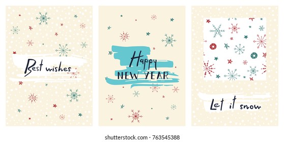 Set of creative holiday cards with hand drawn lettering. Happy new year. Best wishes. Let it snow. Vector template for invitations, greeting scrapbooking and congratulations.