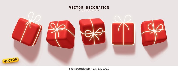 Set of creative holiday gifts box with effect drawn into wall, red colors. Gifts for Christmas and New Year, birthday. Festive elements square surprise gifts with neon ribbon bow. Vector illustration