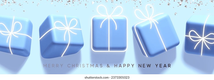 Set of creative holiday gifts box with effect drawn into wall, blue colors. Gifts for Christmas and New Year, birthday. Festive elements square surprise gifts with neon ribbon bow. Vector illustration