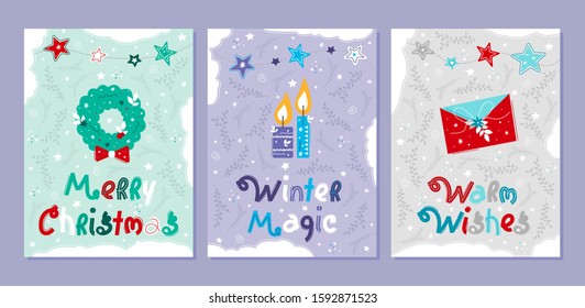 Set of creative holiday postcard with lettering. Winter postcard template. Collection color postcards with holiday elements. Christmas and New Year vector illustrations with congratulation
