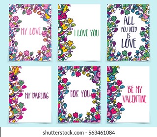 Set of creative holidays journaling cards. Valentine's Day posters template. Greeting scrapbooking, congratulations, invitations, stickers, planners and other. Vector illustrations