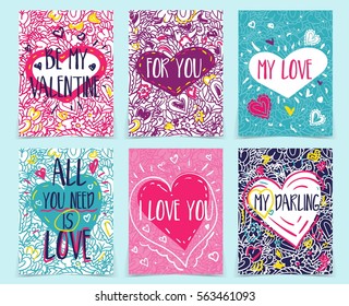 Set of creative holidays journaling cards. Valentine's Day posters template. Greeting scrapbooking, congratulations, invitations, stickers, planners and other. Vector illustrations