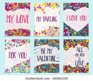 Set of creative holidays journaling cards. Valentine's Day posters template. Greeting scrapbooking, congratulations, invitations, stickers, planners and other. Vector illustrations