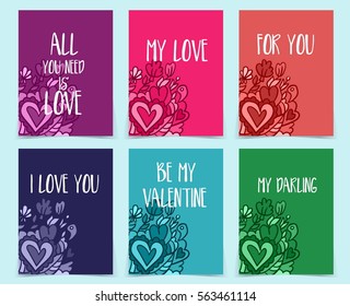 Set of creative holidays journaling cards. Valentine's Day posters template. Greeting scrapbooking, congratulations, invitations, stickers, planners and other. Vector illustrations