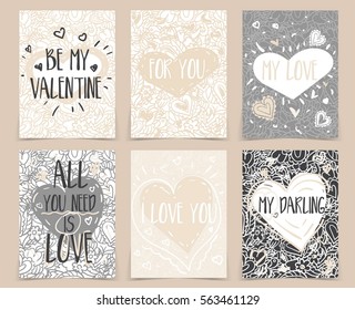 Set of creative holidays journaling cards. Valentine's Day posters template. Greeting scrapbooking, congratulations, invitations, stickers, planners and other. Vector illustrations