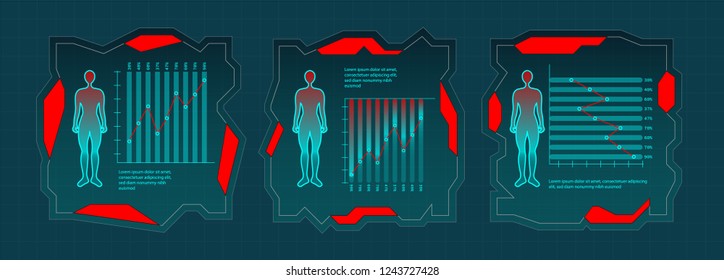 SET of Creative HUD futuristic rectangle frame, virtual Hi-tech display, screen, element for user interface (ui) and control panel design vector template with Red Blue theme color