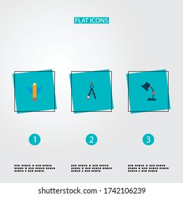 Set of creative icons flat style symbols with compasses, table lamp, writing and other icons for your web mobile app logo design.