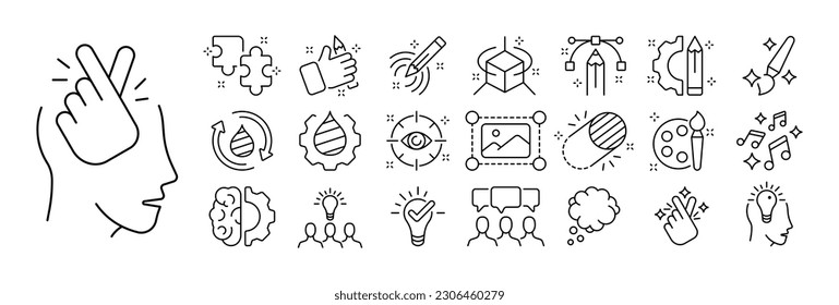 Set of creative icons. Illustrations representing various artistic and creative elements, including paintbrushes, pencils, palettes, musical notes, cameras, theater masks.