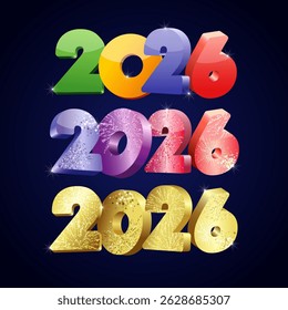 Conjunto de ícones criativos para comemorar o Ano Novo 2026. Coleção de banners da Web. Dourado brilhante e design colorido. Máscara de corte com brilhos brilhantes. Elementos de cartão-postal. Modelo de anúncio.