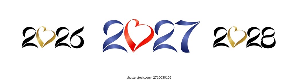 Conjunto de iconos creativos para la celebración del Nuevo Año 2026, 2027 y 2028. Número 3D y diseño del corazón