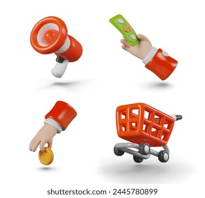 Set of creative icons for online marketing. Horn, hand holding banknote, coin, shopping cart