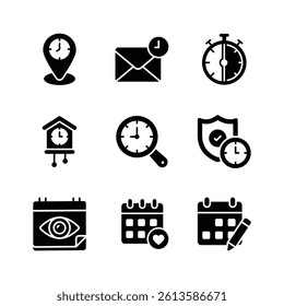 A set of creative icons related to time management, scheduling, and communication