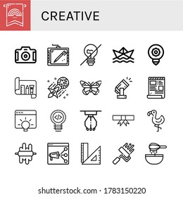 Conjunto de iconos creativos. Tales como Banner, Cámara, tablet gráfica, luz incandescente, nave de papel, Idea, Diseño, Luz, Mariposa, Script, Máquina de copas, Grado, Flamingo , iconos creativos