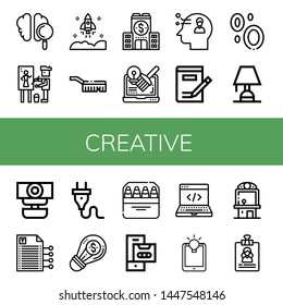 Set of creative icons such as Brain, Painter, Startup, Brush, Company, Design, Thinking, Writing, Blood, Lighting, Webcam, Plug, Creative, Pencils, Cassette, Development , creative