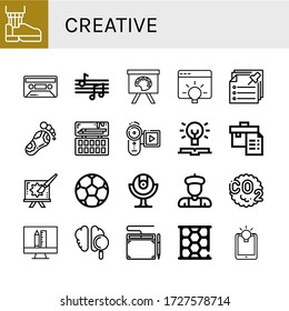 Set of creative icons. Such as Leather shoe, Cassette, Musical notes, Painting palette, Idea, Notes, Reflexology, Video recorder, Knowledge, Portfolio, Creative , creative icons