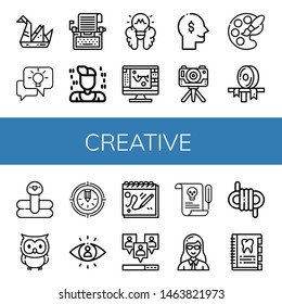 Set of creative icons such as Origami, Idea, Typewriter, Programmer, Lightbulb, Sketch, Thinking, Camera, Palette, Ribbon, Flamingo, Owl, Pencil, Visibility, Sketchbook , creative