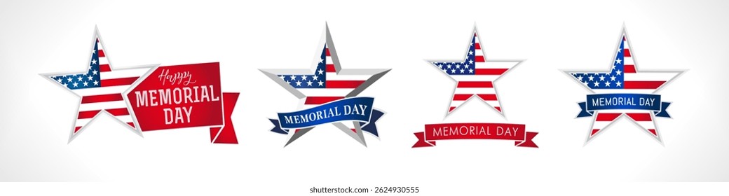 Conjunto de ícones criativos para a celebração do Dia em Memória às Vítimas de Guerra. Memorial Day estrela com bandeira americana e fitas. Design do crachá. Coleção de clip-arts. Elementos do cartão de saudação. Conceito de prêmios. Modelo de banner da Web