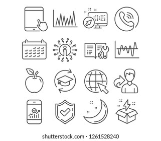 Set of Creative idea, Line graph and Internet icons. Tablet pc, Continuing education and Stock analysis signs. Smartphone statistics, Engineering documentation and Calendar symbols. Vector