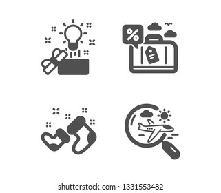 Set of Creative idea, Travel loan and Santa boots icons. Search flight sign. Present box, Trip discount, New year. Airplane trip.  Classic design creative idea icon. Flat design. Vector