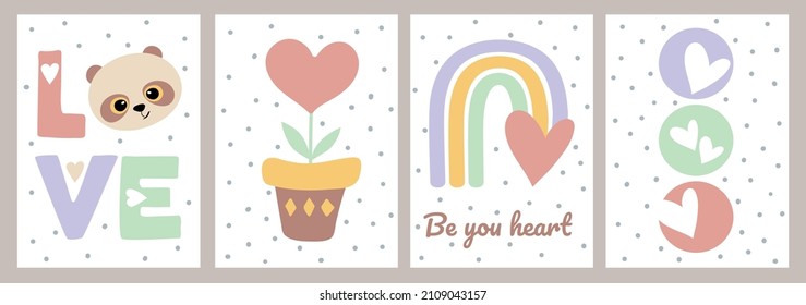 Set of creative illustrations in minimal flat style with panda, heart, flower and rainbow. Wall art concept of love, valentine's day. For postcard, poster, children's room decoration.