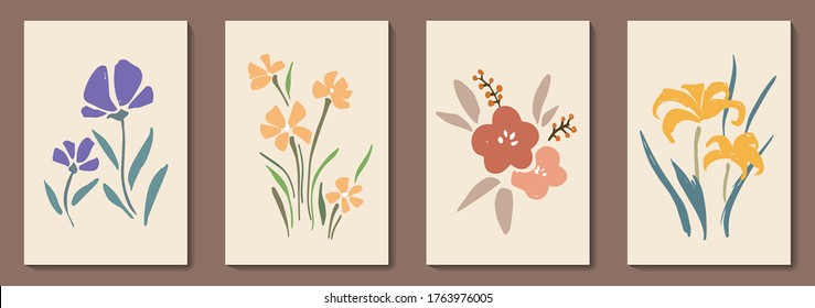 Set of creative illustrations for wall decoration, postcard or brochure cover design. Contemporary art. Flower elements.